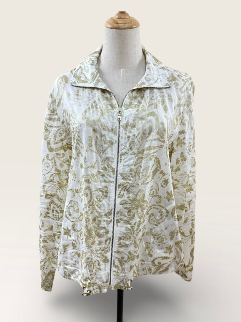 Chicos Cream w/ Gold Floral Zip Up Jacket w/ Pockets & Drawstring, Sz 1 (M, 8)
